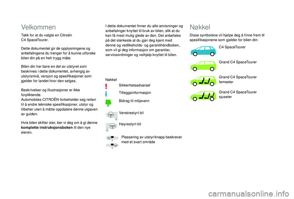CITROEN C4 SPACETOURER 2021 InstruksjonsbØker (in Norwegian) Velkommen
Takk for at du valgte en Citroën
C4 SpaceTourer. I dette dokumentet finner du alle anvisninger og
anbefalinger knyttet til bruk av bilen, slik at du
kan få mest mulig glede av den. Det CITROEN C4 SPACETOURER 2021 InstruksjonsbØker (in Norwegian) Velkommen
Takk for at du valgte en Citroën
C4 SpaceTourer. I dette dokumentet finner du alle anvisninger og
anbefalinger knyttet til bruk av bilen, slik at du
kan få mest mulig glede av den. Det