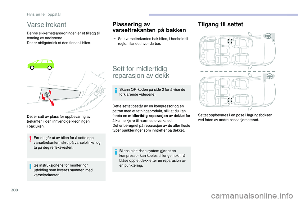 CITROEN C4 SPACETOURER 2021 InstruksjonsbØker (in Norwegian) 208
Varseltrekant
Denne sikkerhetsanordningen er et tillegg til
tenning av nødlysene.
Det er obligatorisk at den finnes i bilen.
Før du går ut av bilen for å sette opp
varseltrekanten, skru på CITROEN C4 SPACETOURER 2021 InstruksjonsbØker (in Norwegian) 208
Varseltrekant
Denne sikkerhetsanordningen er et tillegg til
tenning av nødlysene.
Det er obligatorisk at den finnes i bilen.
Før du går ut av bilen for å sette opp
varseltrekanten, skru på