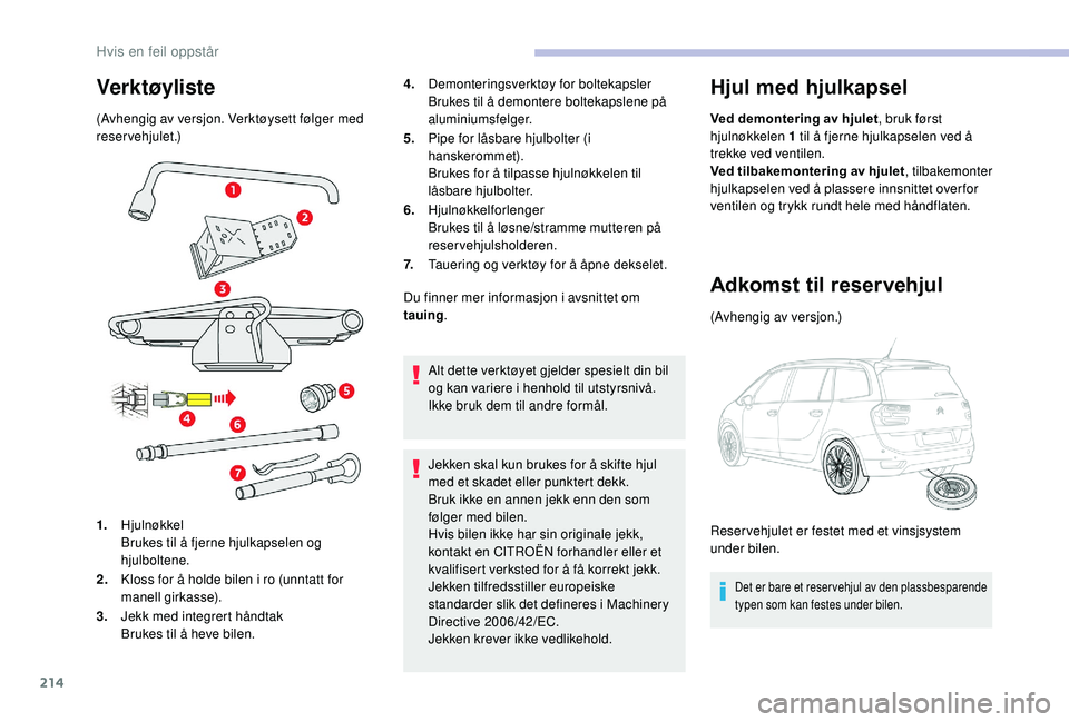 CITROEN C4 SPACETOURER 2021 InstruksjonsbØker (in Norwegian) 214
Verktøyliste
(Avhengig av versjon. Verktøysett følger med
reservehjulet.)
1.Hjulnøkkel
Brukes til å fjerne hjulkapselen og
hjulboltene.
2. Kloss for å holde bilen i
ro (unntatt for
mane CITROEN C4 SPACETOURER 2021 InstruksjonsbØker (in Norwegian) 214
Verktøyliste
(Avhengig av versjon. Verktøysett følger med
reservehjulet.)
1.Hjulnøkkel
Brukes til å fjerne hjulkapselen og
hjulboltene.
2. Kloss for å holde bilen i
ro (unntatt for
mane