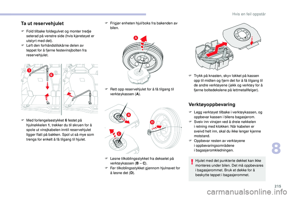CITROEN C4 SPACETOURER 2021 InstruksjonsbØker (in Norwegian) 215
Ta ut reservehjulet
F Fold tilbake foldegulvet og monter tredje seterad på venstre side (hvis kjøretøyet er
utstyrt med det).
F
L
øft den forhåndstilskårne delen av
teppet for å fjerne CITROEN C4 SPACETOURER 2021 InstruksjonsbØker (in Norwegian) 215
Ta ut reservehjulet
F Fold tilbake foldegulvet og monter tredje seterad på venstre side (hvis kjøretøyet er
utstyrt med det).
F
L
øft den forhåndstilskårne delen av
teppet for å fjerne