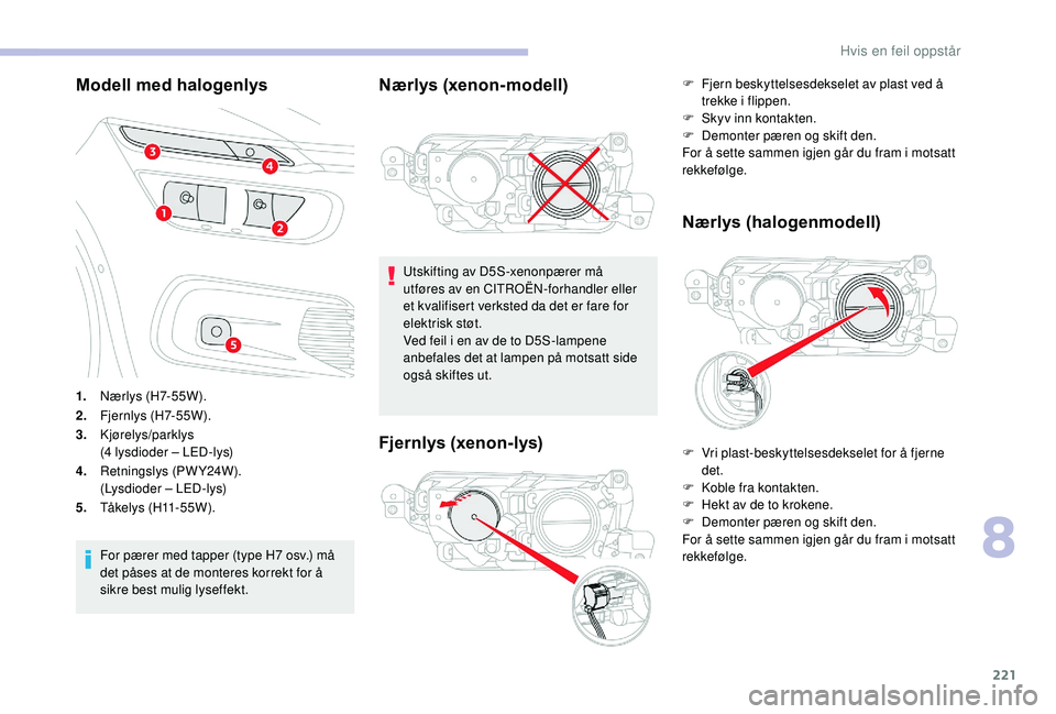 CITROEN C4 SPACETOURER 2021 InstruksjonsbØker (in Norwegian) 221
Modell med halogenlys
1.Nærlys (H7-55W).
2. Fj e r n l y s (H7- 5 5 W ).
3. Kjørelys/parklys
(4
lysdioder – LED-lys)
4. Retningslys (PWY24W).
(Lysdioder – LED-lys)
5. Tåkelys (H11-55W).
F CITROEN C4 SPACETOURER 2021 InstruksjonsbØker (in Norwegian) 221
Modell med halogenlys
1.Nærlys (H7-55W).
2. Fj e r n l y s (H7- 5 5 W ).
3. Kjørelys/parklys
(4
lysdioder – LED-lys)
4. Retningslys (PWY24W).
(Lysdioder – LED-lys)
5. Tåkelys (H11-55W).
F