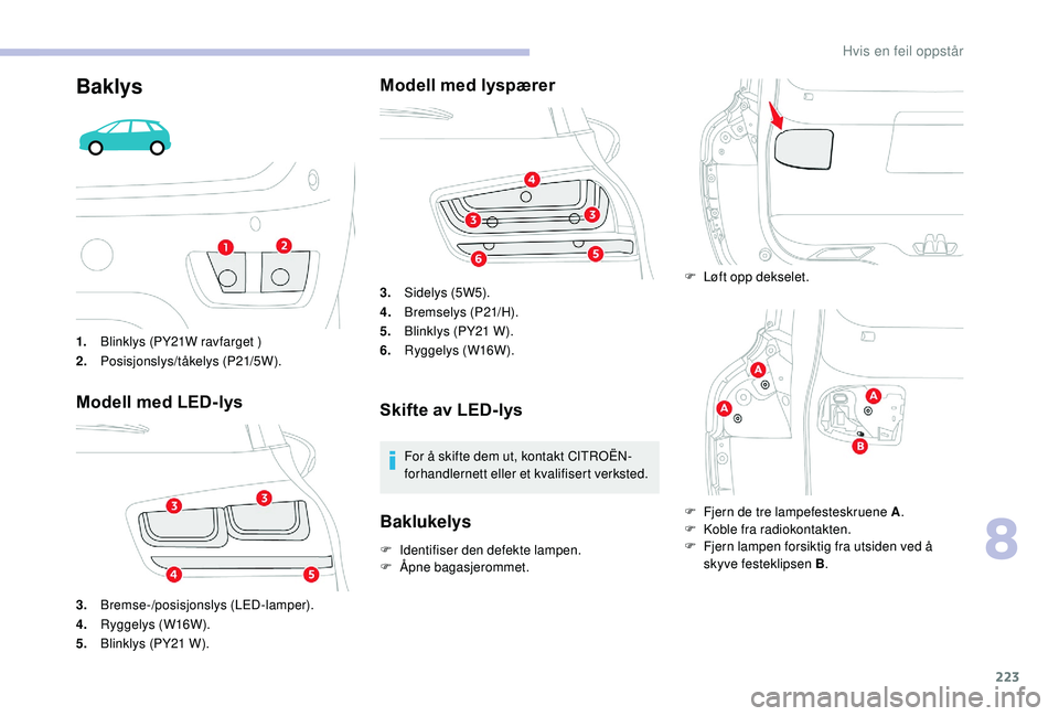 CITROEN C4 SPACETOURER 2021 InstruksjonsbØker (in Norwegian) 223
Baklys
1.Blinklys (PY21W ravfarget )
2. Posisjonslys/tåkelys (P21/5W).
Modell med LED-lys
3.Bremse-/posisjonslys (LED-lamper).
4. Ryggelys (W16W).
5. Blinklys (PY21
W).
Modell med lyspærer
3.S CITROEN C4 SPACETOURER 2021 InstruksjonsbØker (in Norwegian) 223
Baklys
1.Blinklys (PY21W ravfarget )
2. Posisjonslys/tåkelys (P21/5W).
Modell med LED-lys
3.Bremse-/posisjonslys (LED-lamper).
4. Ryggelys (W16W).
5. Blinklys (PY21
W).
Modell med lyspærer
3.S