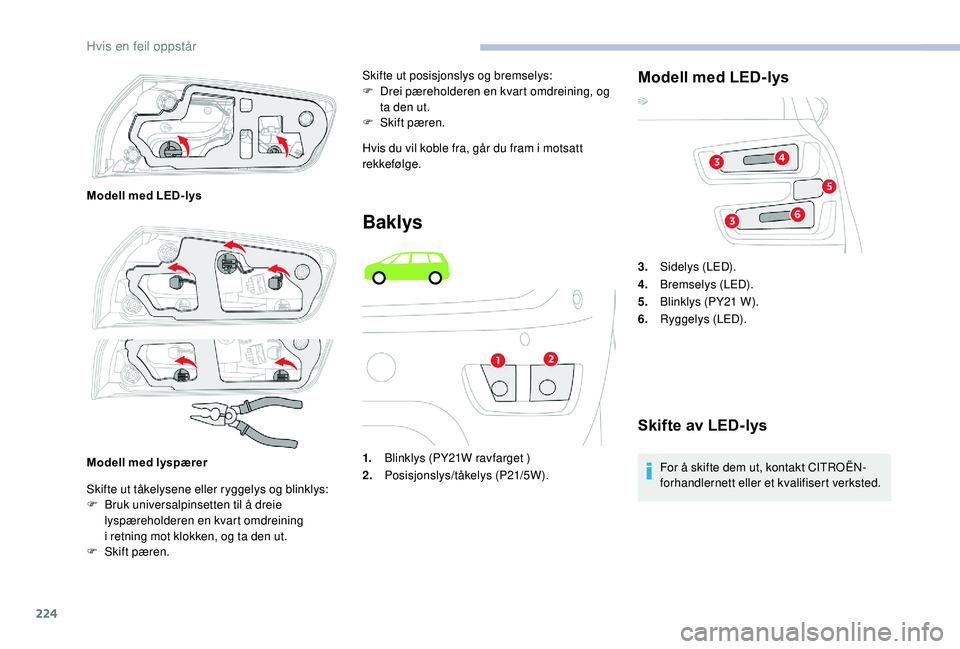 CITROEN C4 SPACETOURER 2021 InstruksjonsbØker (in Norwegian) 224
Skifte ut tåkelysene eller ryggelys og blinklys:
F B ruk universalpinsetten til å dreie
lyspæreholderen en kvart omdreining
i
retning mot klokken, og ta den ut.
F
S
kift pæren. Skifte u CITROEN C4 SPACETOURER 2021 InstruksjonsbØker (in Norwegian) 224
Skifte ut tåkelysene eller ryggelys og blinklys:
F B ruk universalpinsetten til å dreie
lyspæreholderen en kvart omdreining
i
retning mot klokken, og ta den ut.
F
S
kift pæren. Skifte u