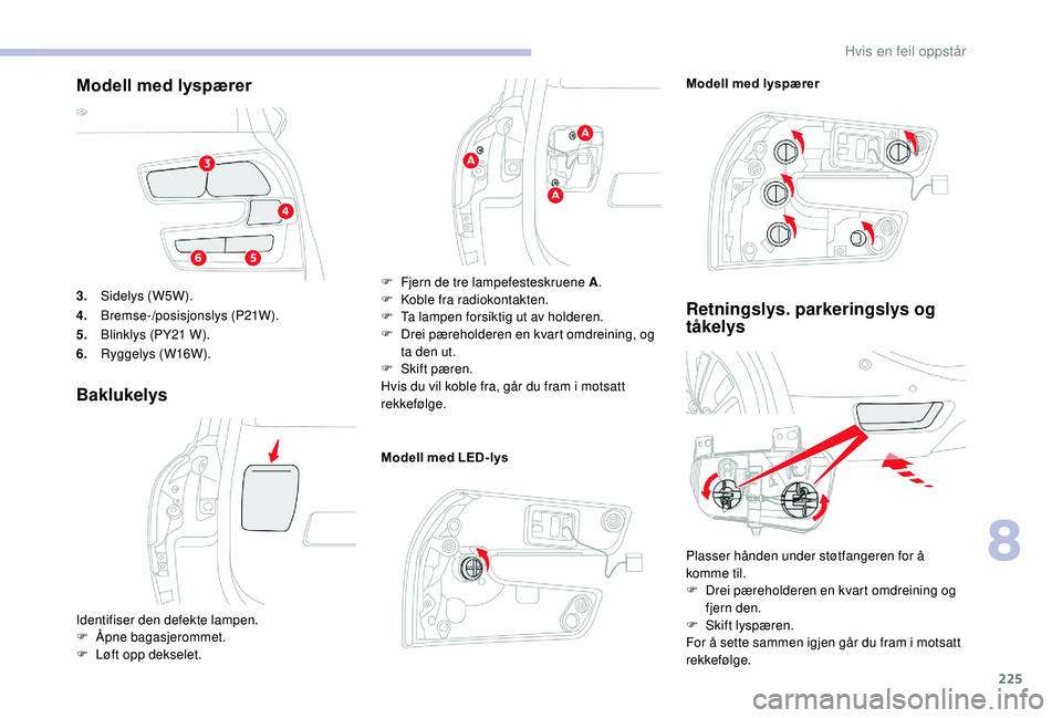 CITROEN C4 SPACETOURER 2021 InstruksjonsbØker (in Norwegian) 225
3.Sidelys (W5W).
4. Bremse-/posisjonslys (P21W).
5. Blinklys (PY21
W).
6. Ryggelys (W16W).
Baklukelys
Modell med LED-lys
Retningslys. parkeringslys og
tåkelys
Modell med lyspærer
Identifiser CITROEN C4 SPACETOURER 2021 InstruksjonsbØker (in Norwegian) 225
3.Sidelys (W5W).
4. Bremse-/posisjonslys (P21W).
5. Blinklys (PY21
W).
6. Ryggelys (W16W).
Baklukelys
Modell med LED-lys
Retningslys. parkeringslys og
tåkelys
Modell med lyspærer
Identifiser