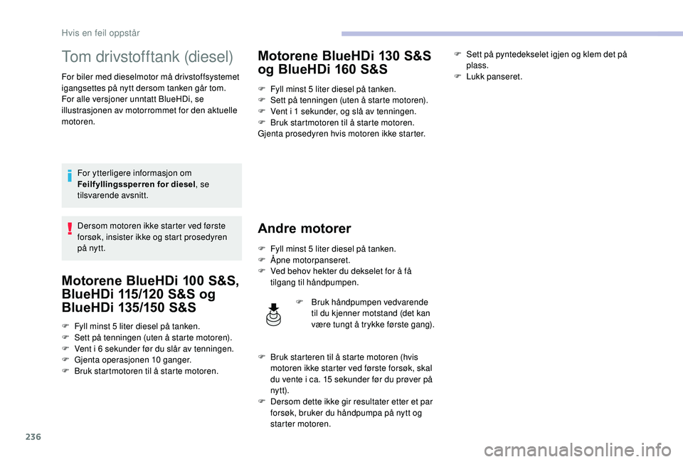CITROEN C4 SPACETOURER 2021 InstruksjonsbØker (in Norwegian) 236
Tom drivstofftank (diesel)
For biler med dieselmotor må drivstoffsystemet
igangsettes på nytt dersom tanken går tom.
For alle versjoner unntatt BlueHDi, se
illustrasjonen av motorrommet for d CITROEN C4 SPACETOURER 2021 InstruksjonsbØker (in Norwegian) 236
Tom drivstofftank (diesel)
For biler med dieselmotor må drivstoffsystemet
igangsettes på nytt dersom tanken går tom.
For alle versjoner unntatt BlueHDi, se
illustrasjonen av motorrommet for d