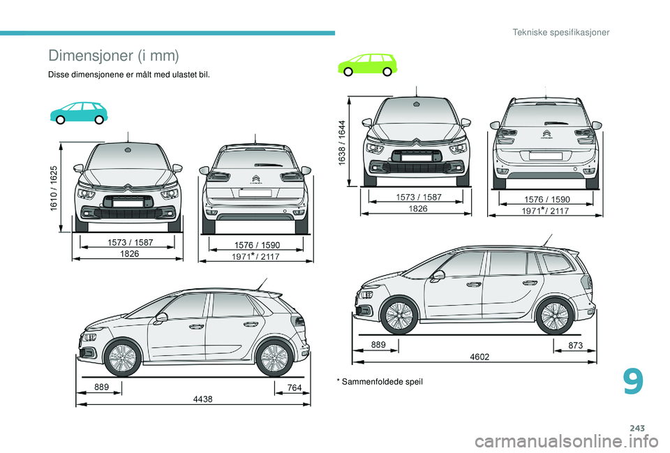 CITROEN C4 SPACETOURER 2021 InstruksjonsbØker (in Norwegian) 243
Dimensjoner (i mm)
Disse dimensjonene er målt med ulastet bil.* Sammenfoldede speil
9
Tekniske spesifikasjoner CITROEN C4 SPACETOURER 2021 InstruksjonsbØker (in Norwegian) 243
Dimensjoner (i mm)
Disse dimensjonene er målt med ulastet bil.* Sammenfoldede speil
9
Tekniske spesifikasjoner