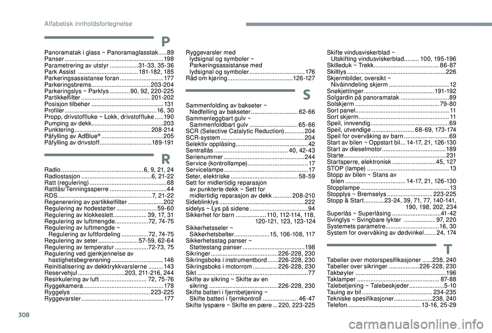 CITROEN C4 SPACETOURER 2021 InstruksjonsbØker (in Norwegian) 308
Tabeller over motorspesifikasjoner ......238, 240
Tabeller over sikringer ..................226-228, 230
Ta k b ø y l e r
...................................................... 19
6
Taklamper
CITROEN C4 SPACETOURER 2021 InstruksjonsbØker (in Norwegian) 308
Tabeller over motorspesifikasjoner ......238, 240
Tabeller over sikringer ..................226-228, 230
Ta k b ø y l e r
...................................................... 19
6
Taklamper