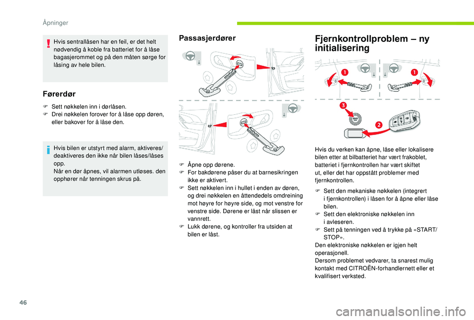 CITROEN C4 SPACETOURER 2021 InstruksjonsbØker (in Norwegian) 46
Hvis sentrallåsen har en feil, er det helt
nødvendig å koble fra batteriet for å låse
bagasjerommet og på den måten sørge for
låsing av hele bilen.
Førerdør
F Sett nøkkelen inn i d CITROEN C4 SPACETOURER 2021 InstruksjonsbØker (in Norwegian) 46
Hvis sentrallåsen har en feil, er det helt
nødvendig å koble fra batteriet for å låse
bagasjerommet og på den måten sørge for
låsing av hele bilen.
Førerdør
F Sett nøkkelen inn i d