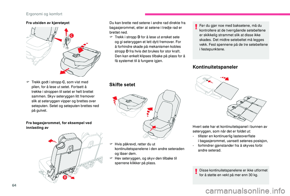 CITROEN C4 SPACETOURER 2021 InstruksjonsbØker (in Norwegian) 64
Fra utsiden av kjøretøyet
Fra bagasjerommet, for eksempel ved
innlasting av F
T
rekk godt i stropp C, som vist med
pilen, for å løse ut setet. Fortsett å
trekke i
stroppen til setet e CITROEN C4 SPACETOURER 2021 InstruksjonsbØker (in Norwegian) 64
Fra utsiden av kjøretøyet
Fra bagasjerommet, for eksempel ved
innlasting av F
T
rekk godt i stropp C, som vist med
pilen, for å løse ut setet. Fortsett å
trekke i
stroppen til setet e