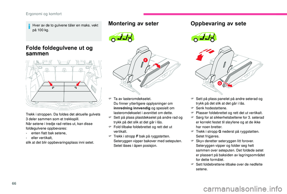 CITROEN C4 SPACETOURER 2021 InstruksjonsbØker (in Norwegian) 66
Hver av de to gulvene tåler en maks. vekt
på 100 kg.
Folde foldegulvene ut og
sammen
Trekk i stroppen. Da foldes det aktuelle gulvets
3 deler sammen som et trekkspill.
Når setene i
tredj CITROEN C4 SPACETOURER 2021 InstruksjonsbØker (in Norwegian) 66
Hver av de to gulvene tåler en maks. vekt
på 100 kg.
Folde foldegulvene ut og
sammen
Trekk i stroppen. Da foldes det aktuelle gulvets
3 deler sammen som et trekkspill.
Når setene i
tredj