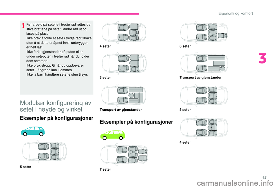 CITROEN C4 SPACETOURER 2021 InstruksjonsbØker (in Norwegian) 67
Eksempler på konfigurasjoner
4 seter
3 seter
Transport av gjenstander
7
seter 6
seter
Transport av gjenstander
5
seter
4
seter
Før arbeid på setene i
tredje rad rettes de
stive bret CITROEN C4 SPACETOURER 2021 InstruksjonsbØker (in Norwegian) 67
Eksempler på konfigurasjoner
4 seter
3 seter
Transport av gjenstander
7
seter 6
seter
Transport av gjenstander
5
seter
4
seter
Før arbeid på setene i
tredje rad rettes de
stive bret