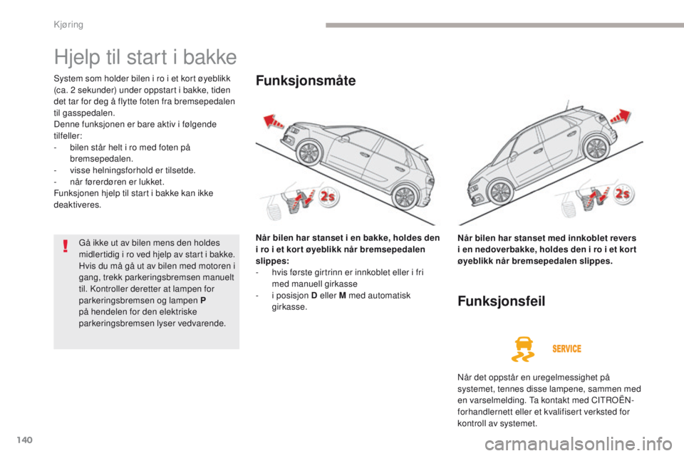 CITROEN C4 PICASSO 2018 InstruksjonsbØker (in Norwegian) 140
C4-Picasso-II_no_Chap04_conduite_ed02-2016
Hjelp til start i bakke
System som holder bilen i ro i et kort øyeblikk
(ca. 2 sekunder) under oppstart i bakke, tiden
det tar for deg å flytte foten CITROEN C4 PICASSO 2018 InstruksjonsbØker (in Norwegian) 140
C4-Picasso-II_no_Chap04_conduite_ed02-2016
Hjelp til start i bakke
System som holder bilen i ro i et kort øyeblikk
(ca. 2 sekunder) under oppstart i bakke, tiden
det tar for deg å flytte foten