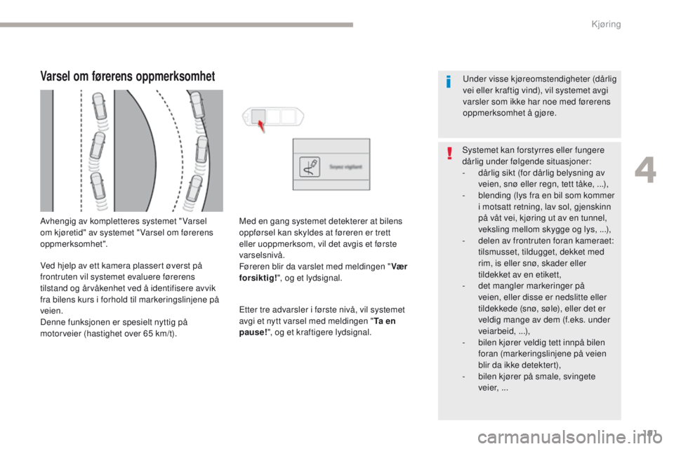 CITROEN C4 PICASSO 2018 InstruksjonsbØker (in Norwegian) 191
C4-Picasso-II_no_Chap04_conduite_ed02-2016
Varsel om førerens oppmerksomhet
Avhengig av kompletteres systemet " Varsel
om kjøretid" av systemet " Varsel om førerens
oppmerksomhet& CITROEN C4 PICASSO 2018 InstruksjonsbØker (in Norwegian) 191
C4-Picasso-II_no_Chap04_conduite_ed02-2016
Varsel om førerens oppmerksomhet
Avhengig av kompletteres systemet " Varsel
om kjøretid" av systemet " Varsel om førerens
oppmerksomhet&