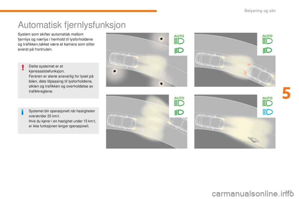 CITROEN C4 PICASSO 2018 InstruksjonsbØker (in Norwegian) 217
C4-Picasso-II_no_Chap05_eclairage-visibilite_ed02-2016
System som skifter automatisk mellom
fjernlys og nærlys i henhold til lysforholdene
og trafikken,takket være et kamera som sitter
øvers CITROEN C4 PICASSO 2018 InstruksjonsbØker (in Norwegian) 217
C4-Picasso-II_no_Chap05_eclairage-visibilite_ed02-2016
System som skifter automatisk mellom
fjernlys og nærlys i henhold til lysforholdene
og trafikken,takket være et kamera som sitter
øvers