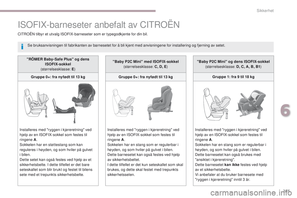 CITROEN C4 PICASSO 2018 InstruksjonsbØker (in Norwegian) 255
C4-Picasso-II_no_Chap06_securite_ed02-2016
"RÖMER Baby- Safe Plus" og dens ISOFIX- sokkel
(størrelsesklasse: E )
Gruppe 0+: fra nyfødt til 13 kg
Installeres med "ryggen i kjørere CITROEN C4 PICASSO 2018 InstruksjonsbØker (in Norwegian) 255
C4-Picasso-II_no_Chap06_securite_ed02-2016
"RÖMER Baby- Safe Plus" og dens ISOFIX- sokkel
(størrelsesklasse: E )
Gruppe 0+: fra nyfødt til 13 kg
Installeres med "ryggen i kjørere