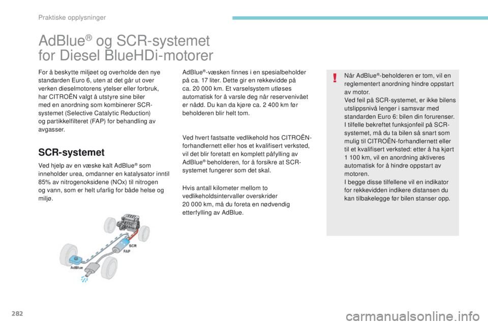 CITROEN C4 PICASSO 2018 InstruksjonsbØker (in Norwegian) 282
C4-Picasso-II_no_Chap07_info-pratiques_ed02-2016
AdBlue® og SCR-systemet
for Diesel BlueHDi-motorer
For å beskytte miljøet og overholde den nye
standarden Euro 6, uten at det går ut over
ver CITROEN C4 PICASSO 2018 InstruksjonsbØker (in Norwegian) 282
C4-Picasso-II_no_Chap07_info-pratiques_ed02-2016
AdBlue® og SCR-systemet
for Diesel BlueHDi-motorer
For å beskytte miljøet og overholde den nye
standarden Euro 6, uten at det går ut over
ver