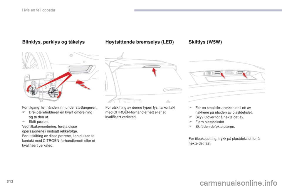 CITROEN C4 PICASSO 2018 InstruksjonsbØker (in Norwegian) 312
C4-Picasso-II_no_Chap08_en-cas-panne_ed02-2016
Blinklys, parklys og tåkelys
For tilgang, før hånden inn under støtfangeren.
F D rei pæreholderen en kvart omdreining
og ta den ut.
F
S
kif CITROEN C4 PICASSO 2018 InstruksjonsbØker (in Norwegian) 312
C4-Picasso-II_no_Chap08_en-cas-panne_ed02-2016
Blinklys, parklys og tåkelys
For tilgang, før hånden inn under støtfangeren.
F D rei pæreholderen en kvart omdreining
og ta den ut.
F
S
kif