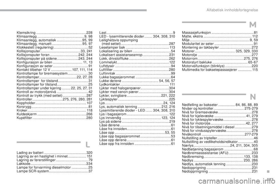 CITROEN C4 PICASSO 2018 InstruksjonsbØker (in Norwegian) 337
C4-Picasso-II_no_Chap10_index-alpha_ed02-2016
Last .................................................................... 9
LED - lysemitterende dioder ........ 3
04, 308, 310
Leilighetsvis oppumpin CITROEN C4 PICASSO 2018 InstruksjonsbØker (in Norwegian) 337
C4-Picasso-II_no_Chap10_index-alpha_ed02-2016
Last .................................................................... 9
LED - lysemitterende dioder ........ 3
04, 308, 310
Leilighetsvis oppumpin