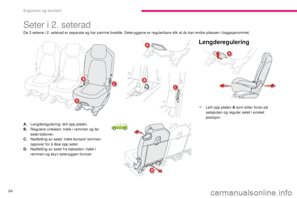 CITROEN C4 PICASSO 2018 InstruksjonsbØker (in Norwegian) 84
C4-Picasso-II_no_Chap03_ergonomie-confort_ed02-2016
Seter i 2. seterad
Lengderegulering
F Løft opp platen A som sitter foran på seteputen og reguler setet i ønsket
posisjon.
De 3
setene i 2. CITROEN C4 PICASSO 2018 InstruksjonsbØker (in Norwegian) 84
C4-Picasso-II_no_Chap03_ergonomie-confort_ed02-2016
Seter i 2. seterad
Lengderegulering
F Løft opp platen A som sitter foran på seteputen og reguler setet i ønsket
posisjon.
De 3
setene i 2.