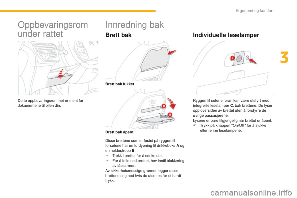 CITROEN C4 PICASSO 2016 InstruksjonsbØker (in Norwegian) 111
C4-Picasso-II_no_Chap03_ergonomie-confort_ed01-2016
Oppbevaringsrom
under rattet
Dette oppbevaringsrommet er ment for
dokumentene til bilen din.
Innredning bak
Brett bak
Disse brettene som er fe CITROEN C4 PICASSO 2016 InstruksjonsbØker (in Norwegian) 111
C4-Picasso-II_no_Chap03_ergonomie-confort_ed01-2016
Oppbevaringsrom
under rattet
Dette oppbevaringsrommet er ment for
dokumentene til bilen din.
Innredning bak
Brett bak
Disse brettene som er fe