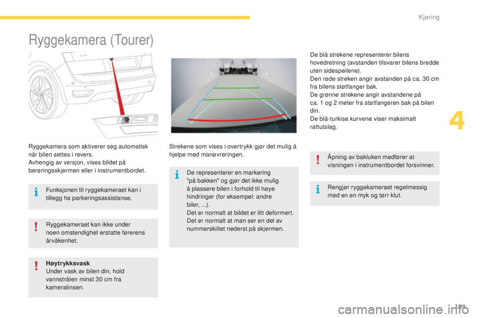 CITROEN C4 PICASSO 2016 InstruksjonsbØker (in Norwegian) 189
C4-Picasso-II_no_Chap04_conduite_ed01-2016
Ryggekamera (Tourer)
Rengjør ryggekameraet regelmessig
med en en myk og tørr klut.
Ryggekamera som aktiverer seg automatisk
når bilen settes i rever CITROEN C4 PICASSO 2016 InstruksjonsbØker (in Norwegian) 189
C4-Picasso-II_no_Chap04_conduite_ed01-2016
Ryggekamera (Tourer)
Rengjør ryggekameraet regelmessig
med en en myk og tørr klut.
Ryggekamera som aktiverer seg automatisk
når bilen settes i rever