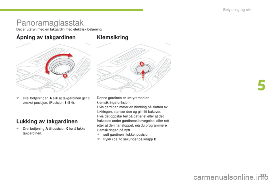 CITROEN C4 PICASSO 2016 InstruksjonsbØker (in Norwegian) 223
C4-Picasso-II_no_Chap05_eclairage-visibilite_ed01-2016
Panoramaglasstak
F Drei betjeningen A slik at takgardinen glir til ønsket posisjon. (Posisjon 1 til 4).
Lukking av takgardinen Klemsikring CITROEN C4 PICASSO 2016 InstruksjonsbØker (in Norwegian) 223
C4-Picasso-II_no_Chap05_eclairage-visibilite_ed01-2016
Panoramaglasstak
F Drei betjeningen A slik at takgardinen glir til ønsket posisjon. (Posisjon 1 til 4).
Lukking av takgardinen Klemsikring