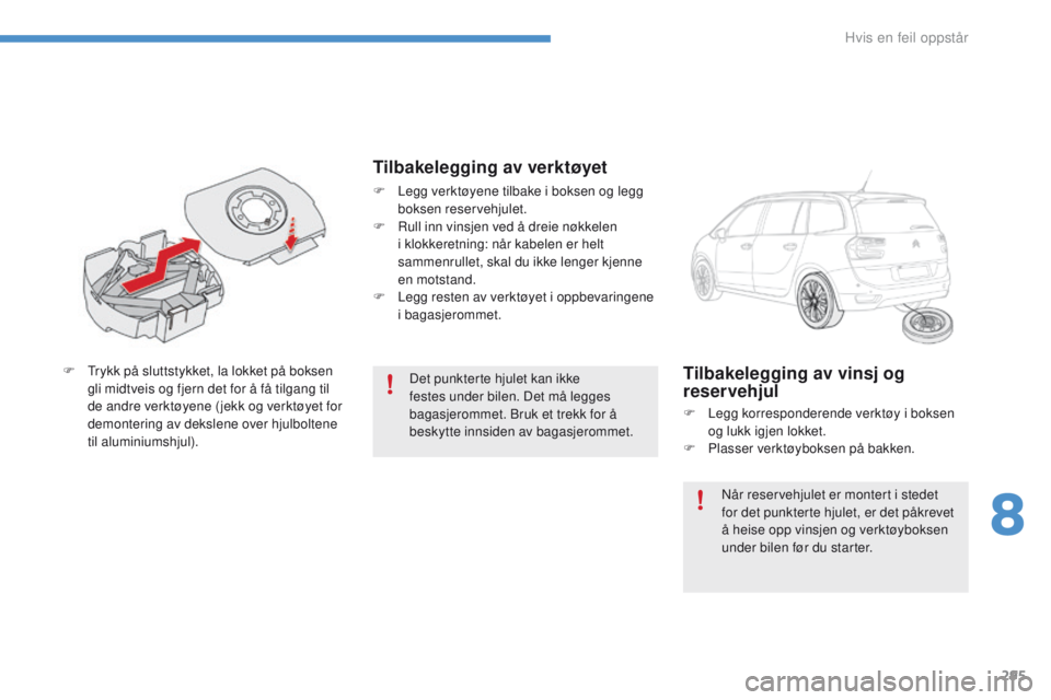 CITROEN C4 PICASSO 2016 InstruksjonsbØker (in Norwegian) 295
C4-Picasso-II_no_Chap08_en-cas-panne_ed01-2016
Det punkterte hjulet kan ikke
festes under bilen. Det må legges
bagasjerommet. Bruk et trekk for å
beskytte innsiden av bagasjerommet.
F
T
rykk CITROEN C4 PICASSO 2016 InstruksjonsbØker (in Norwegian) 295
C4-Picasso-II_no_Chap08_en-cas-panne_ed01-2016
Det punkterte hjulet kan ikke
festes under bilen. Det må legges
bagasjerommet. Bruk et trekk for å
beskytte innsiden av bagasjerommet.
F
T
rykk