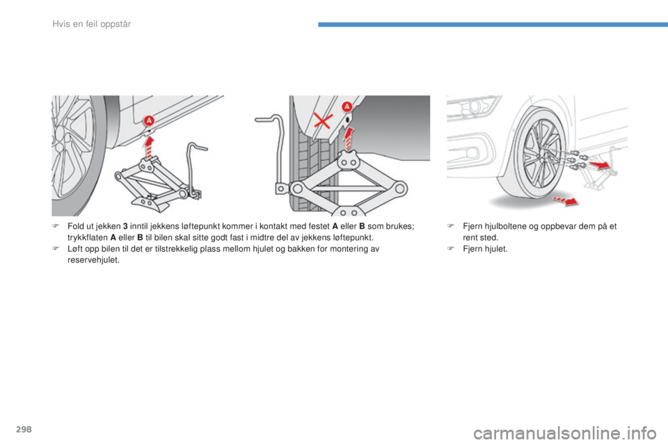 CITROEN C4 PICASSO 2016 InstruksjonsbØker (in Norwegian) 298
C4-Picasso-II_no_Chap08_en-cas-panne_ed01-2016
F Fold ut jekken 3 inntil jekkens løftepunkt kommer i kontakt med festet A eller B som brukes; trykkflaten A eller B til bilen skal sitte godt fast CITROEN C4 PICASSO 2016 InstruksjonsbØker (in Norwegian) 298
C4-Picasso-II_no_Chap08_en-cas-panne_ed01-2016
F Fold ut jekken 3 inntil jekkens løftepunkt kommer i kontakt med festet A eller B som brukes; trykkflaten A eller B til bilen skal sitte godt fast