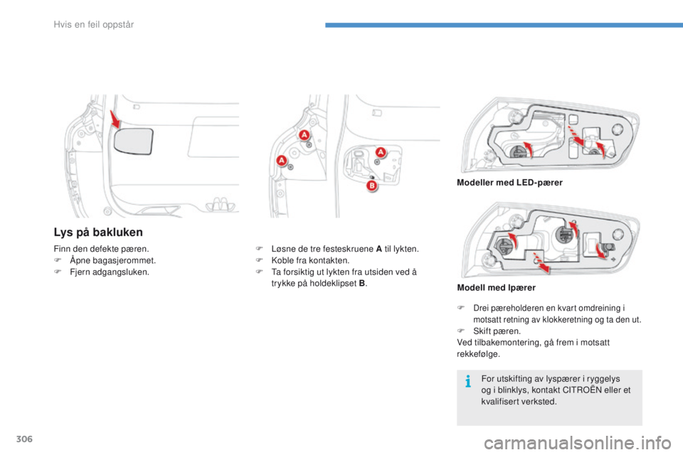 CITROEN C4 PICASSO 2016 InstruksjonsbØker (in Norwegian) 306
C4-Picasso-II_no_Chap08_en-cas-panne_ed01-2016
Lys på bakluken
For utskifting av lyspærer i ryggelys
og i blinklys, kontakt CITROËN eller et
kvalifisert verksted.
Finn den defekte pæren.
F
CITROEN C4 PICASSO 2016 InstruksjonsbØker (in Norwegian) 306
C4-Picasso-II_no_Chap08_en-cas-panne_ed01-2016
Lys på bakluken
For utskifting av lyspærer i ryggelys
og i blinklys, kontakt CITROËN eller et
kvalifisert verksted.
Finn den defekte pæren.
F