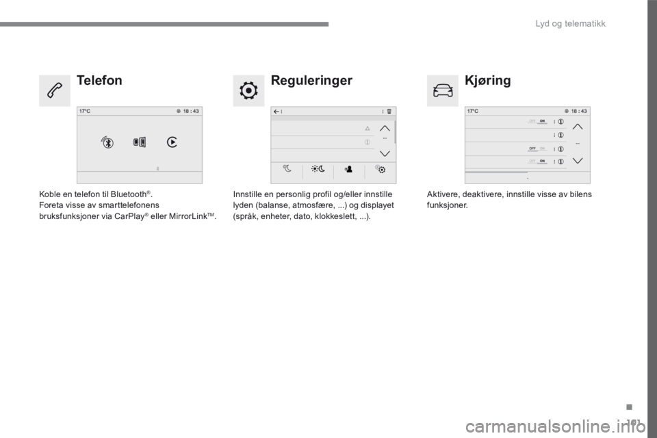 CITROEN C4 PICASSO 2016  InstruksjonsbØker (in Norwegian) 101
.
 Lyd og telematikk 
Transversal-Citroen_no_Chap02_RCC-2-2-0_ed01-2016
  Reguleringer   Kjøring   Telefon 
  Innstille en personlig profil og/eller innstille lyden (balanse, atmosfære, ...) og 