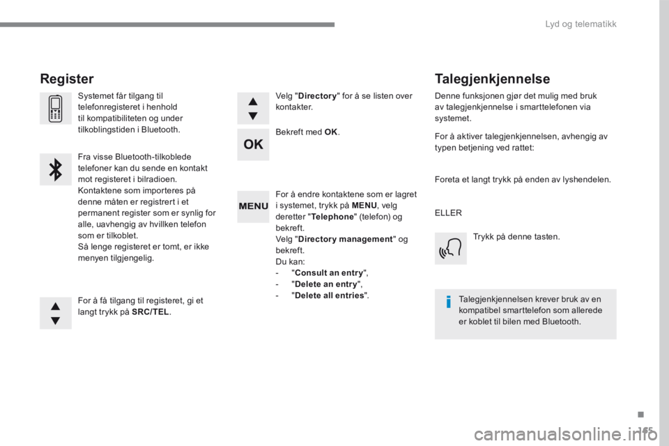 CITROEN C4 PICASSO 2016 InstruksjonsbØker (in Norwegian) 165
.
Lyd og telematikk
Transversal-Citroen_no_Chap03_RD6_ed01-2016
For å endre kontaktene som er lagret i systemet, trykk på MENU , velg deretter " Telephone " (telefon) og bekreft. Velg " CITROEN C4 PICASSO 2016 InstruksjonsbØker (in Norwegian) 165
.
Lyd og telematikk
Transversal-Citroen_no_Chap03_RD6_ed01-2016
For å endre kontaktene som er lagret i systemet, trykk på MENU , velg deretter " Telephone " (telefon) og bekreft. Velg "