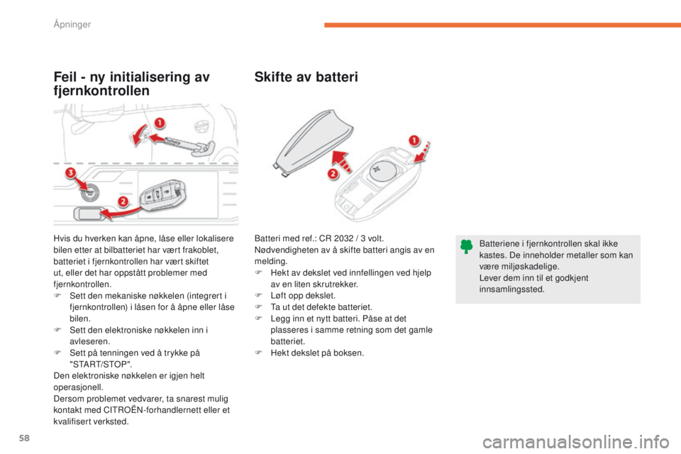 CITROEN C4 PICASSO 2016 InstruksjonsbØker (in Norwegian) 58
C4-Picasso-II_no_Chap02_ouvertures_ed01-2016
Feil - ny initialisering av
fjernkontrollenSkifte av batteri
Hvis du hverken kan åpne, låse eller lokalisere
bilen etter at bilbatteriet har vært f CITROEN C4 PICASSO 2016 InstruksjonsbØker (in Norwegian) 58
C4-Picasso-II_no_Chap02_ouvertures_ed01-2016
Feil - ny initialisering av
fjernkontrollenSkifte av batteri
Hvis du hverken kan åpne, låse eller lokalisere
bilen etter at bilbatteriet har vært f