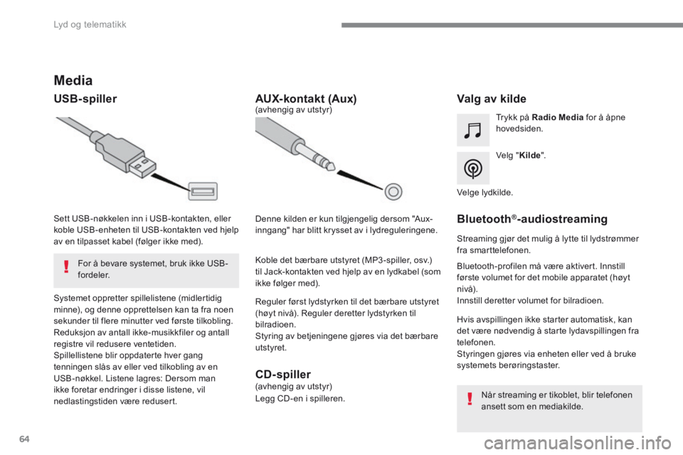 CITROEN C4 PICASSO 2016 InstruksjonsbØker (in Norwegian) 64
Lyd og telematikk
Media
USB-spiller Valg av kilde
Velg " Kilde ".
Trykk på Radio Media for å åpne hovedsiden.
Systemet oppretter spillelisten CITROEN C4 PICASSO 2016 InstruksjonsbØker (in Norwegian) 64
Lyd og telematikk
Media
USB-spiller Valg av kilde
Velg " Kilde ".
Trykk på Radio Media for å åpne hovedsiden.
Systemet oppretter spillelisten