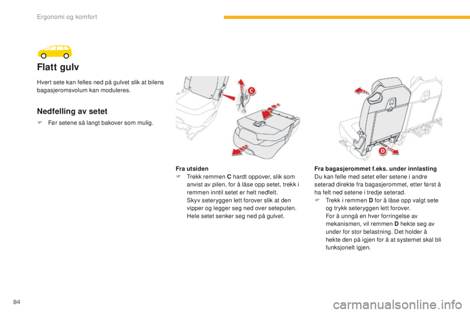 CITROEN C4 PICASSO 2016  InstruksjonsbØker (in Norwegian) 84
C4-Picasso-II_no_Chap03_ergonomie-confort_ed01-2016
Flatt gulv
Nedfelling av setet
Fra utsiden
F T rekk remmen C hardt oppover, slik som 
anvist av pilen, for å låse opp setet, trekk i 
remmen in