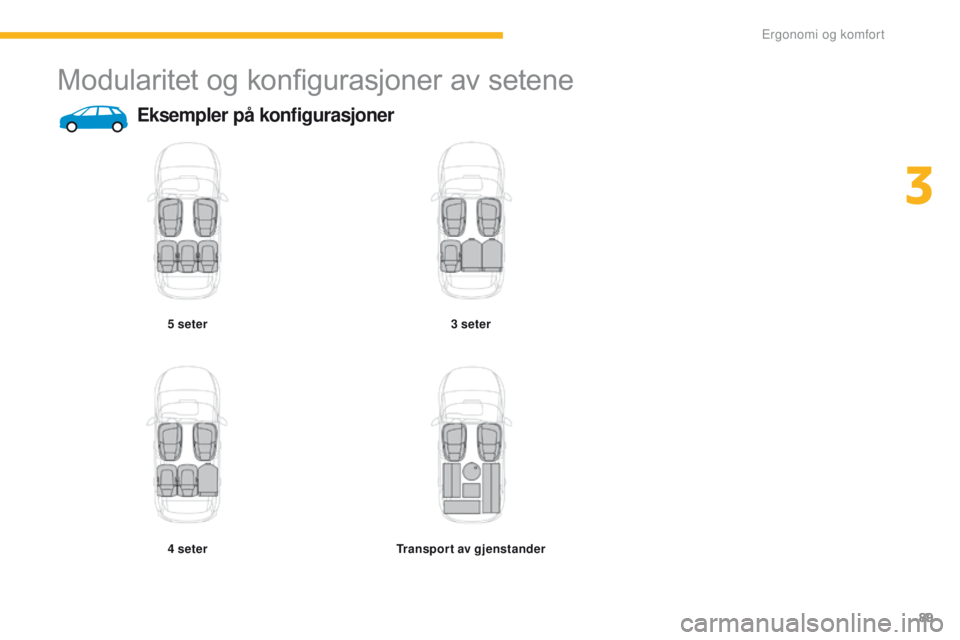 CITROEN C4 PICASSO 2016 InstruksjonsbØker (in Norwegian) 89
C4-Picasso-II_no_Chap03_ergonomie-confort_ed01-2016
Modularitet og konfigurasjoner av setene
Eksempler på konfigurasjoner
5 seter
4 seter 3
seter
Transport av gjenstander
3
Ergonomi og komfo CITROEN C4 PICASSO 2016 InstruksjonsbØker (in Norwegian) 89
C4-Picasso-II_no_Chap03_ergonomie-confort_ed01-2016
Modularitet og konfigurasjoner av setene
Eksempler på konfigurasjoner
5 seter
4 seter 3
seter
Transport av gjenstander
3
Ergonomi og komfo