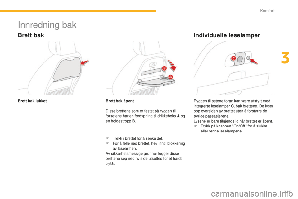 CITROEN C4 PICASSO 2015  InstruksjonsbØker (in Norwegian) 115
C4-Picasso-II_no_Chap03_confort_ed01-2014
innredning bak
Brett bak
disse brettene som er festet på ryggen til 
forsetene har en fordypning til drikkeboks A og 
en holdestropp B.
F
  t
r
 ekk i br