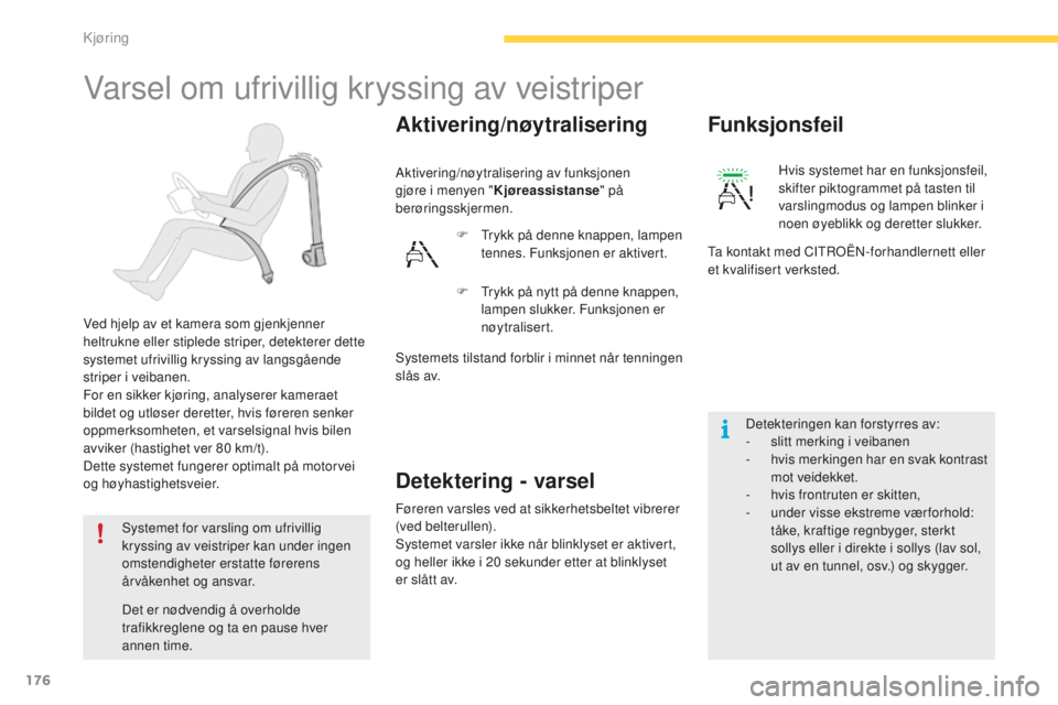 CITROEN C4 PICASSO 2015  InstruksjonsbØker (in Norwegian) 176
C4-Picasso-ii_no_Chap04_conduite_ed01-2014
varsel om ufrivillig kryssing av veistriper
ved hjelp av et kamera som gjenkjenner 
heltrukne eller stiplede striper, detekterer dette 
systemet ufrivill