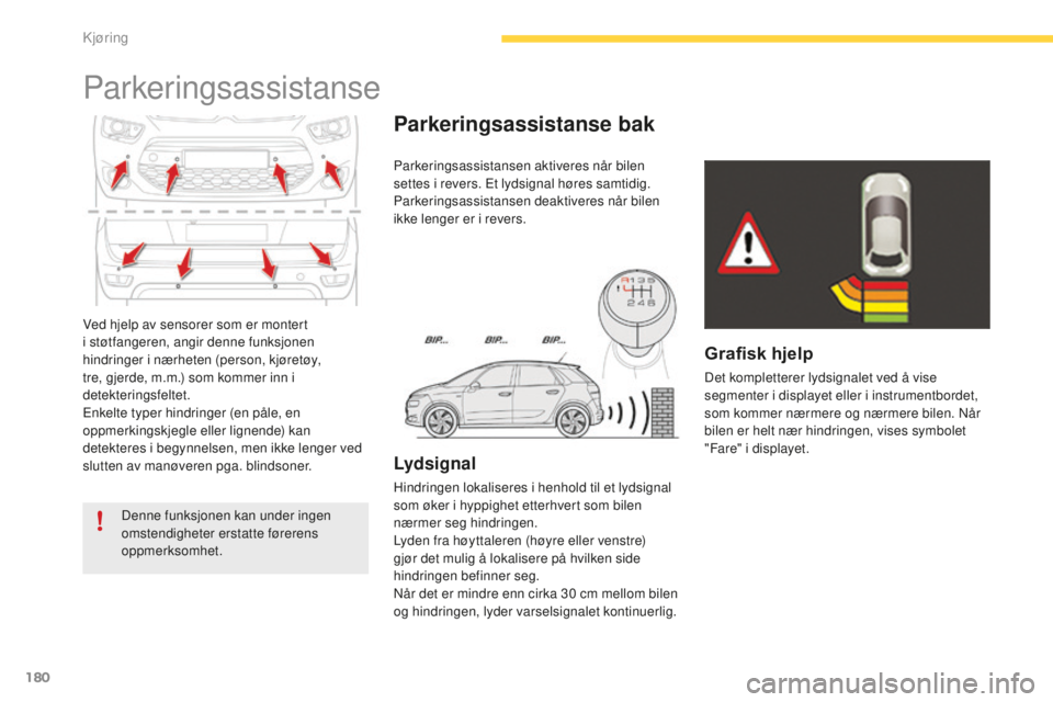 CITROEN C4 PICASSO 2015 InstruksjonsbØker (in Norwegian) 180
C4-Picasso-ii_no_Chap04_conduite_ed01-2014
ved hjelp av sensorer som er montert
i støtfangeren, angir denne funksjonen
hindringer i nærheten (person, kjøretøy,
tre, gjerde, m.m.) som kommer CITROEN C4 PICASSO 2015 InstruksjonsbØker (in Norwegian) 180
C4-Picasso-ii_no_Chap04_conduite_ed01-2014
ved hjelp av sensorer som er montert
i støtfangeren, angir denne funksjonen
hindringer i nærheten (person, kjøretøy,
tre, gjerde, m.m.) som kommer