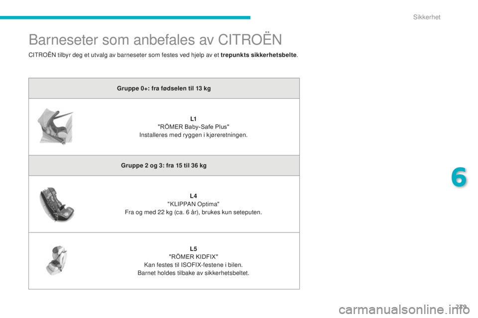 CITROEN C4 PICASSO 2015  InstruksjonsbØker (in Norwegian) 239
C4-Picasso-II_no_Chap06_securite_ed01-2014
barneseter som anbefales av CitroËn
Gruppe 0+: fra fødselen til 13 kg
L1
 "

RÖMER Baby-Safe Plus" 
in

stalleres med ryggen i kjøreretningen