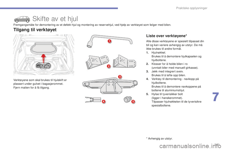 CITROEN C4 PICASSO 2015  InstruksjonsbØker (in Norwegian) 261
C4-Picasso-II_no_Chap07_info-pratiques_ed01-2014
skifte av et hjul
verktøyene som skal brukes til hjulskift er 
plassert under gulvet i bagasjerommet.
Fjern matten for å få tilgang.
Tilgang til