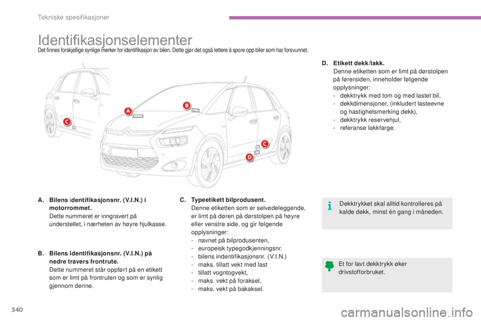 CITROEN C4 PICASSO 2015  InstruksjonsbØker (in Norwegian) 340
C4-Picasso-ii_no_Chap09_caracteristiques-techniques_ed01-2014
Identifikasjonselementerdet finnes forskjellige synlige merker for identifikasjon av bilen. de tte gjør det også lettere å spore op