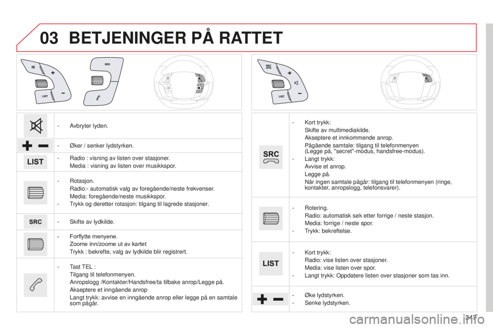 CITROEN C4 PICASSO 2015  InstruksjonsbØker (in Norwegian) 03
347
C4-Picasso-ii_no_Chap10b_sMeGplus_ed01-2014
BETJENINGER PÅ RATTET
-  avbryter lyden.
-  
Øker / senker lydstyrken.
-

  r adio : visning av listen over stasjoner.
 Media : visning av listen o