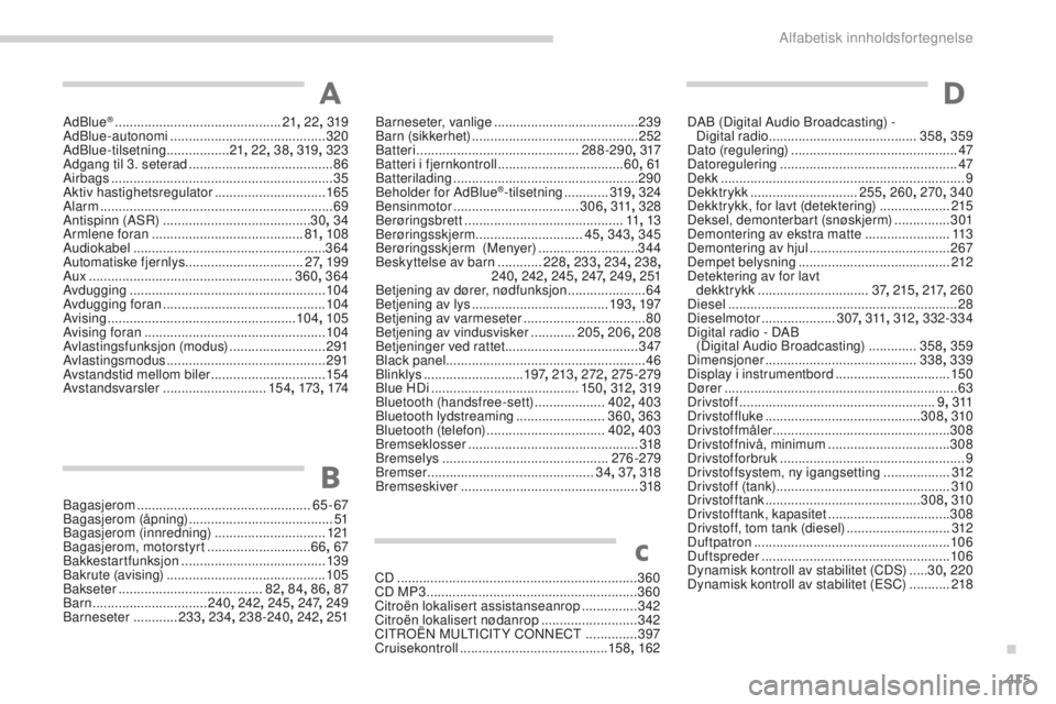 CITROEN C4 PICASSO 2015  InstruksjonsbØker (in Norwegian) 415
C4-Picasso-ii_no_Chap11_index-alpha_ed01-2014
adblue® ............................... ..............21, 22 , 319adbl
ue-autonomi  .......................................... 320
a

d
blu

e-tilset