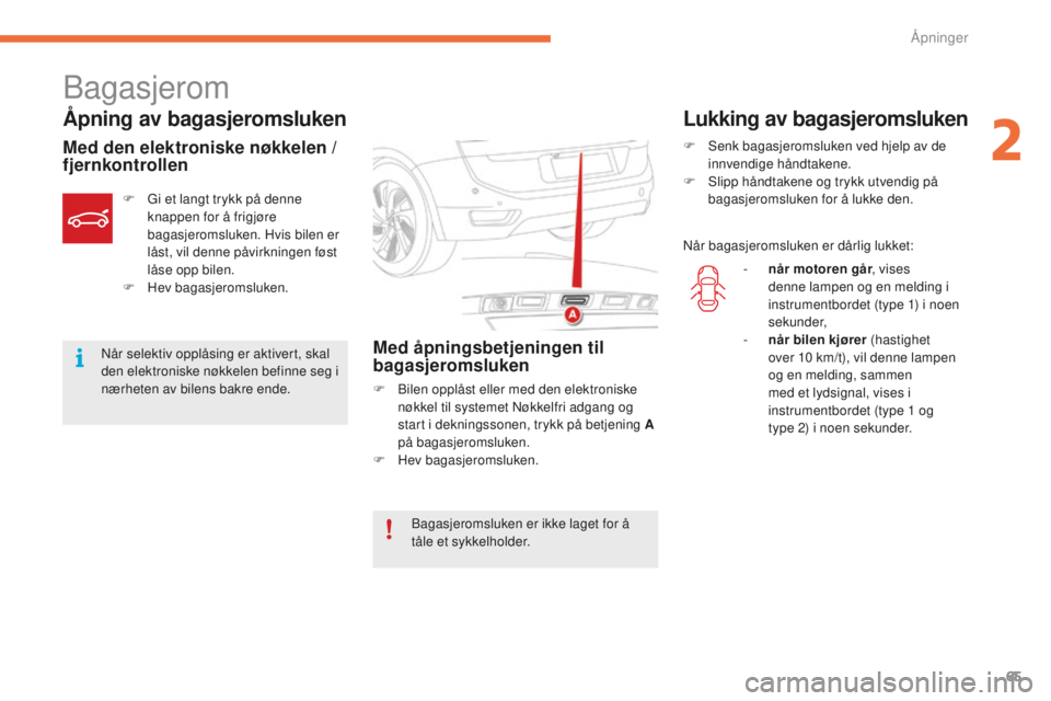 CITROEN C4 PICASSO 2015  InstruksjonsbØker (in Norwegian) 65
C4-Picasso-ii_no_Chap02_ouvertures_ed01-2014
bagasjerom
Åpning av bagasjeromsluken
Med den elektroniske nøkkelen / 
fjernkontrollenMed åpningsbetjeningen til 
bagasjeromsluken
F  bilen opplåst 