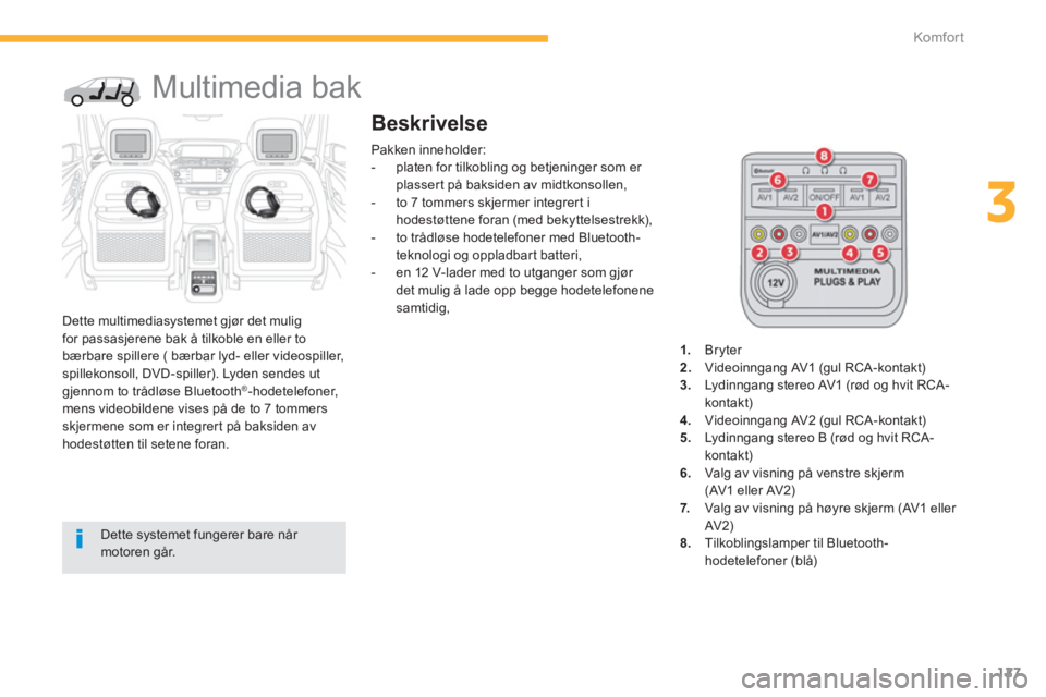 CITROEN C4 PICASSO 2014  InstruksjonsbØker (in Norwegian) 127
3
Komfor t
   
 
 
 
 
Multimedia bak 
 
 Dette multimediasystemet gjør det mulig 
for passasjerene bak å tilkoble en eller to 
bærbare spillere ( bærbar lyd- eller videospiller,spillekonsoll,