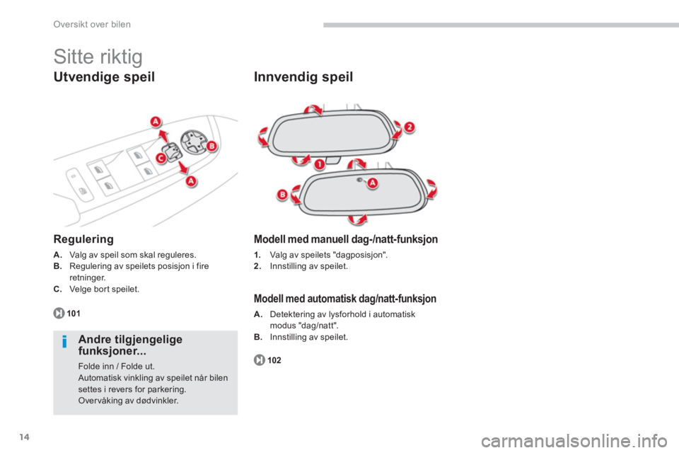 CITROEN C4 PICASSO 2014  InstruksjonsbØker (in Norwegian) 14
Oversikt over bilen
  Sitte riktig 
 
 
Innvendig speil
 
 
Modell med manuell dag-/natt-funksjon
1.Valg av speilets "dagposisjon".
2.   Innstilling av speilet.  
 
 
 
Modell med automatisk dag/na