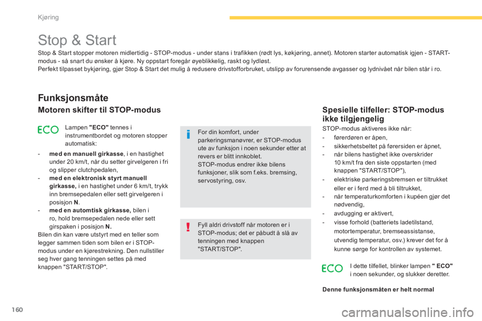 CITROEN C4 PICASSO 2014  InstruksjonsbØker (in Norwegian) 160
Kjøring
   
 
 
 
 
 
 
 
 
 
 
 
 
 
Stop & Start 
Funksjonsmåte 
Motoren skifter til STOP-modus
Lampen "ECO"tennes i instrumentbordet og motoren stopper automatisk: 
-med en manuell girkasse, 