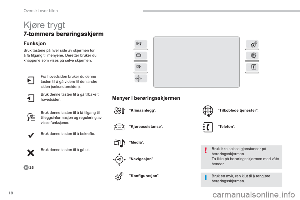CITROEN C4 PICASSO 2014  InstruksjonsbØker (in Norwegian) 18
Oversikt over bilen
  Kjøre trygt 
Funksjon
Bruk tastene på hver side av skjermen for å få tilgang til menyene. Deretter bruker du 
knappene som vises på selve skjermen.
  Fr
a hovedsiden bruk
