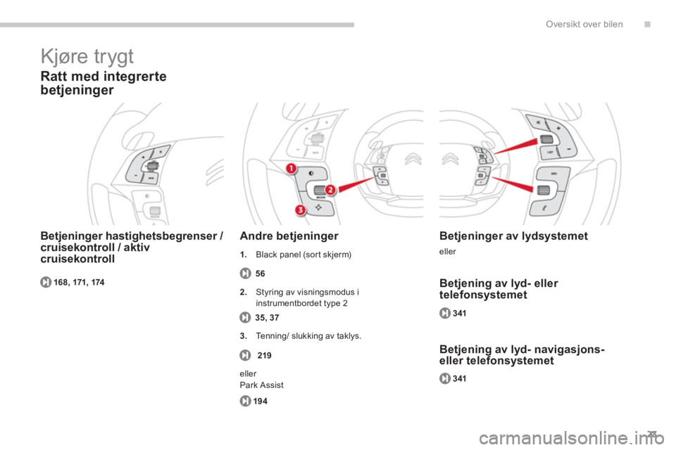 CITROEN C4 PICASSO 2014  InstruksjonsbØker (in Norwegian) .
23
Oversikt over bilen
168, 171, 174
  Kjøre trygt 
 
 
Ratt med integrerte 
betjeninger 
 
 
Betjeninger hastighetsbegrenser / cruisekontroll / aktivcruisekontroll 
Andre betjeninger 
56
 
 Betjen