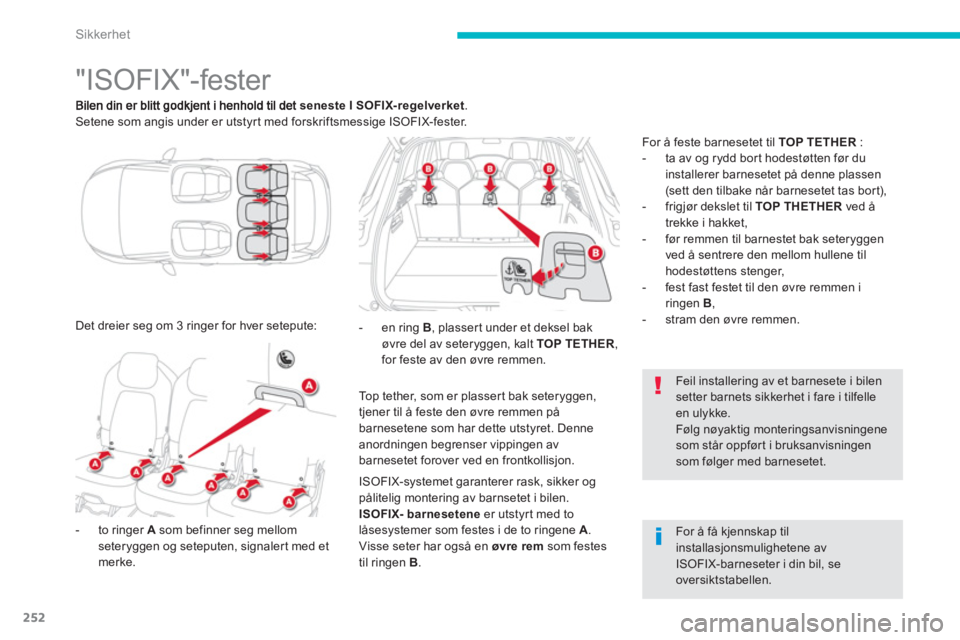 CITROEN C4 PICASSO 2014 InstruksjonsbØker (in Norwegian) 252
Sikkerhet
"ISOFIX"-fester
senesteISOFIX-regelverket
.
Setene som angis under er utstyrt med forskriftsmessige ISOFIX-fester.
- to r
inger Asom befinner seg mellom
set CITROEN C4 PICASSO 2014 InstruksjonsbØker (in Norwegian) 252
Sikkerhet
"ISOFIX"-fester
senesteISOFIX-regelverket
.
Setene som angis under er utstyrt med forskriftsmessige ISOFIX-fester.
- to r
inger Asom befinner seg mellom
set